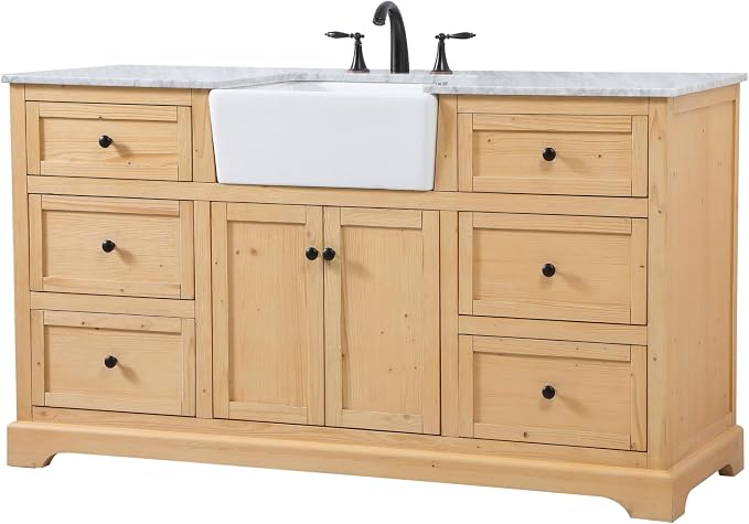 60" Pre-Assembled Bathroom Vanity with Sink, Solid Birch and MDF, Carrara White Marble Countertop Attached, Single Rectangle Porcelain Sink, 6 Soft-Close Drawers, Natural Wood