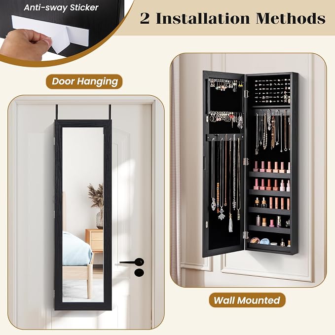 Giantex Wall or Door Mounted Jewelry Cabinet with Full Length Mirror, Over The Door Jewelry Armoire Organizer, Hanging Storage Cabinet with Necklace Hooks, Earring Slots, Ring Slots & Shelves (Black)