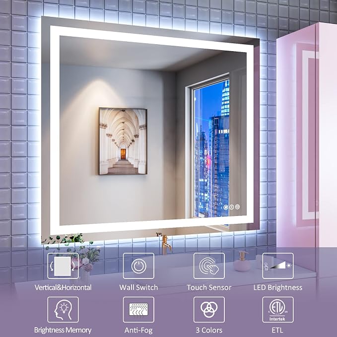 LED Bathroom Mirror 40"X36" with Front Light and Backlit | Stepless Dimmable, Anti-Fog, Shatter-Proof, HD Reflection, Memory, 3 Colors Lighting, UL Listed (Horizontal/Vertical).