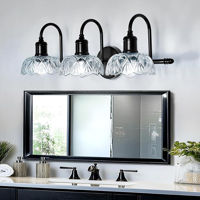 UOFUS 3-Light Black Vanity Light Farmhouse Bathroom Lighting Fixtures | Over Mirror with Clear Glass Shade