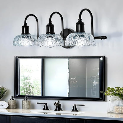 UOFUS 3-Light Black Vanity Light Farmhouse Bathroom Lighting Fixtures | Over Mirror with Clear Glass Shade