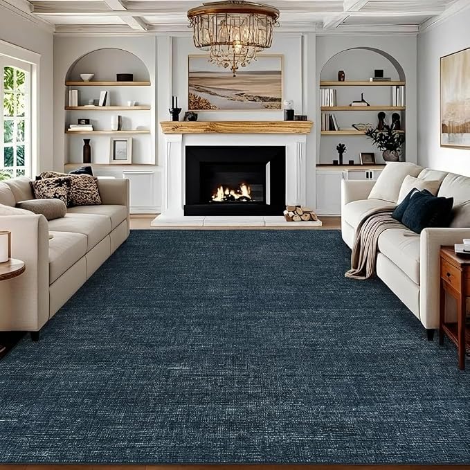 Garvee Modern Living Room Rugs 9x12 Dining Room Rugs for Under Table, Navy | Machine Washable Non Slip Solid Color Non Shedding Low Pile Stain Resistant Foldable Neutral Soft Rug for Bedroom Nursery