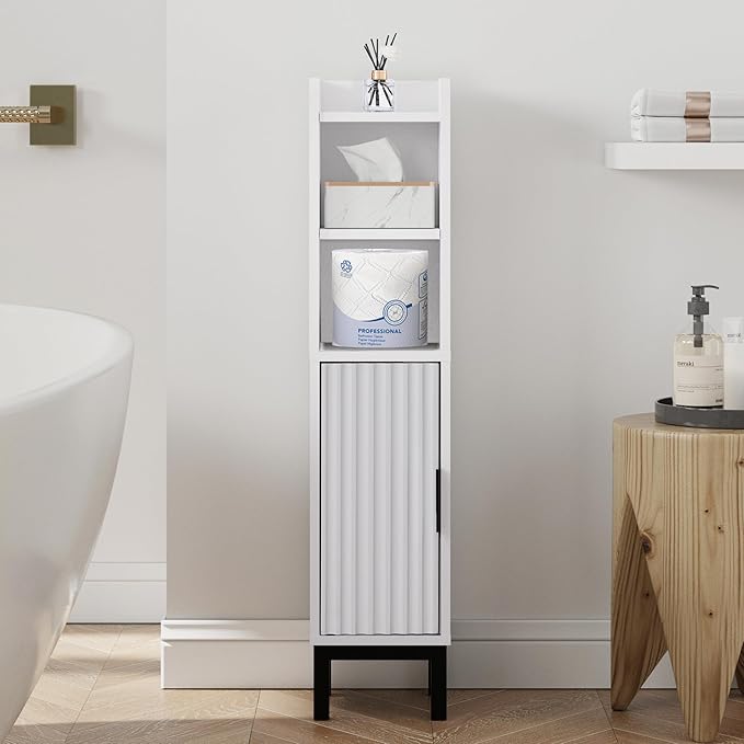 Small Bathroom Storage Cabinet, Narrow Corner Floor Cabinet with Door and Shelves for Toilet Paper, Bathroom Organizer with Adjustable Shelf, for Small Spaces (White)