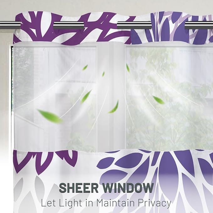 No Hook Floral Shower Curtain with Liner, Purple, 71x74 | Snap in Liner, 3 in 1, Water Repellent, Easy Install, Machine Washable, Hotel Style for Bathroom, Watercolor Pattern