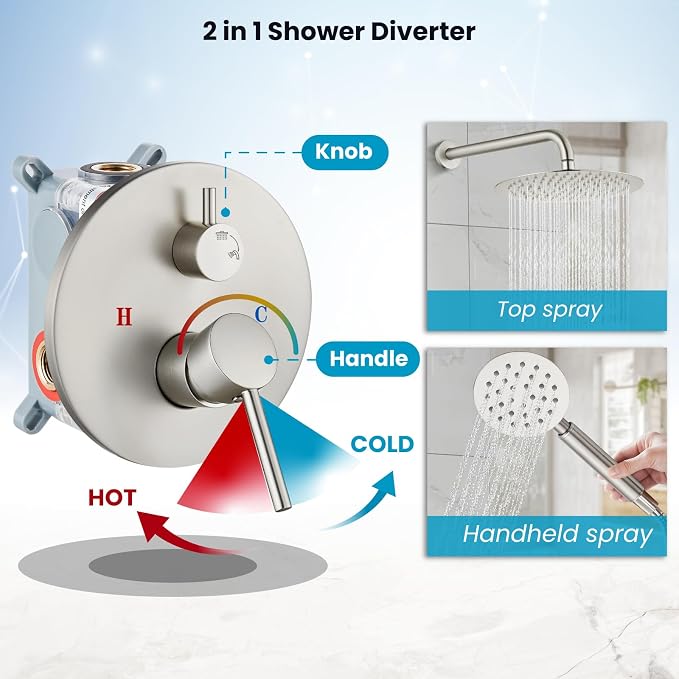 gotonovo High Pressure Shower System Valve and Trim Kit,Brushed Nickel | Round Rain 10 Inch Shower Head with Handheld Faucet Set Complete,Rough In Valve,2-in-1 Diverter,All Metal,Bathroom Wall Mount