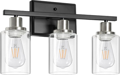 Ascher Bathroom Vanity Light Fixtures, 3 Light Wall Sconces Lighting with Clear Glass Shade, Black and Brushed Nickel Wall Lights for Mirror, Kitchen, Living Room, E26 Base (Bulbs Not Included)