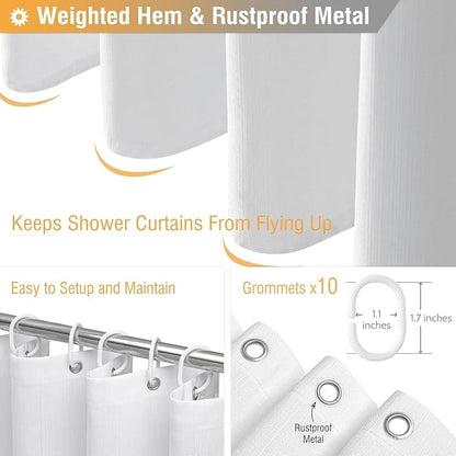 Narrow Linen Textured Waterproof Thick Shower Curtain, 54x72, White | Small Size, 230GSM Polyester, Heavy Duty Fabric, Weighted Hem, 10 Plastic Hooks, Modern Luxury Hotel Style, Machine Washable