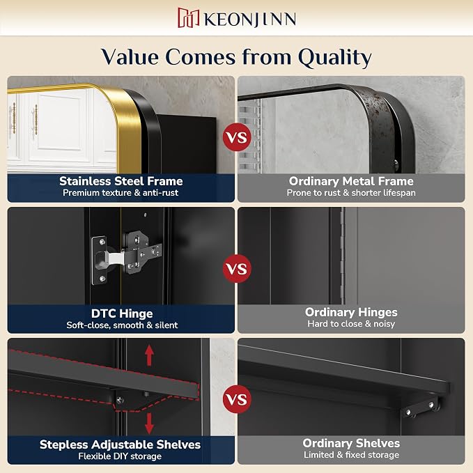 Keonjinn 20"x32" Gold Medicine Cabinet Mirror, Stepless Adjustable Shelves | Stainless Steel Framed, Wall Mount/Recessed, Sturdy & Solid, Soft Close DTC Hinges, Mirrored Medicine Cabinet for Bathroom