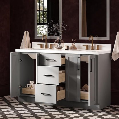 ARIEL Loren 60-inch Bathroom Vanity with Sink,Solid Wood, 1.5-inch Pure White Quartz Countertop, Double Rectangular Porcelain Sink, 4 Soft Closing Doors, 3 Dovetail Drawers, Grey