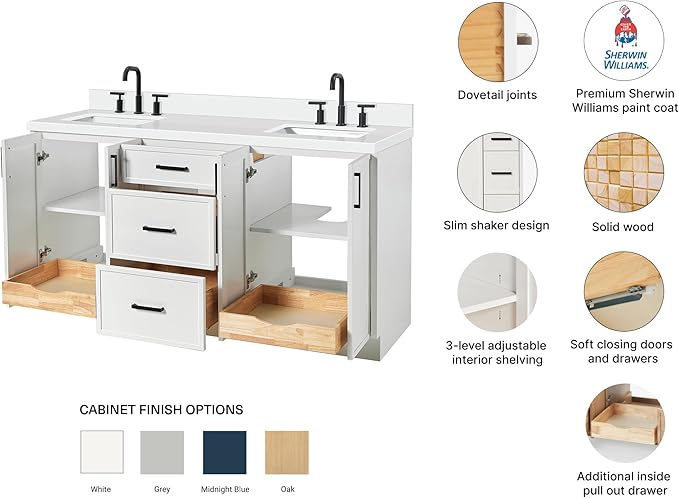 ARIEL Kelly 66-inch Bathroom Vanity with Sink,Solid Wood, 1.5-inch Pure White Quartz Countertop & Backsplash, Double Rectangular Porcelain Sink, 4 Soft Closing Doors, 5 Dovetail Drawers, White