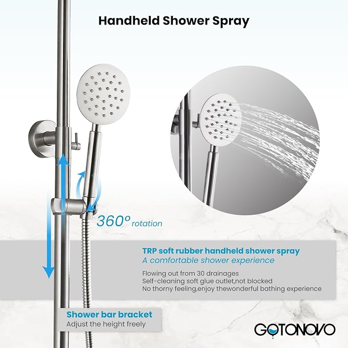 gotonovo Outdoor Shower Kit SUS304 Stainless Steel Brushed Nickel | Outside Shower Fixtures,8’’ Rain Head with Handheld Sprayer,Swivel Tub Spout,Indoor/Outdoor,Poolside,Backyard,Garden,Beach