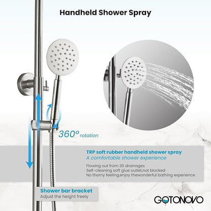 gotonovo Outdoor Shower Kit SUS304 Stainless Steel Brushed Nickel | Outside Shower Fixtures,8’’ Rain Head with Handheld Sprayer,Swivel Tub Spout,Indoor/Outdoor,Poolside,Backyard,Garden,Beach