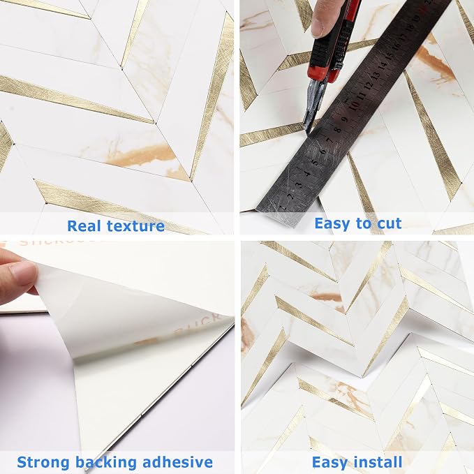 STICKGOO Herringbone Tile Peel and Stick Backsplash for Kitchen&Bathroom | 10-Sheet Self Adhesive Wall Tiles, Calacatta Marble Mixed Light Gold PVC Stick on Backsplash Tile for Kitchen,Bathroom