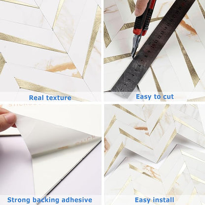 STICKGOO Herringbone Tile Peel and Stick Backsplash for Kitchen&Bathroom | 10-Sheet Self Adhesive Wall Tiles, Calacatta Marble Mixed Light Gold PVC Stick on Backsplash Tile for Kitchen,Bathroom