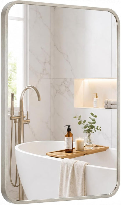 24x36 Inch Brushed Nickel Rounded Rectangle Bathroom Vanity Mirror | For Over-Sink Bathrooms, Corrosion-Resistant Aluminum Frame, Slim Front Profile, Two-Way Mount, Protective Packaging