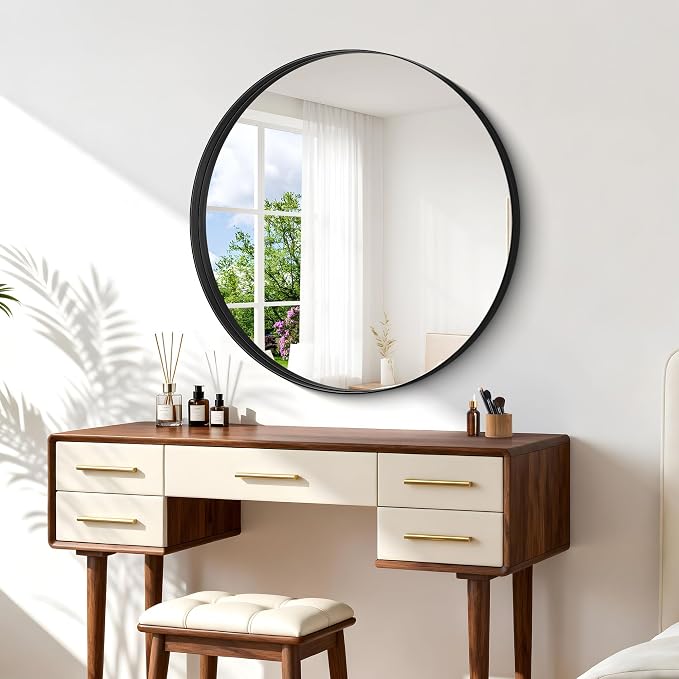 Black Round Mirror 32 inch Deep Frame Circle Mirror, Metal Framed Bathroom Mirror, Round Vanity Mirror, Circle Mirrors for Wall Entryway Bedroom Living Room Hallway