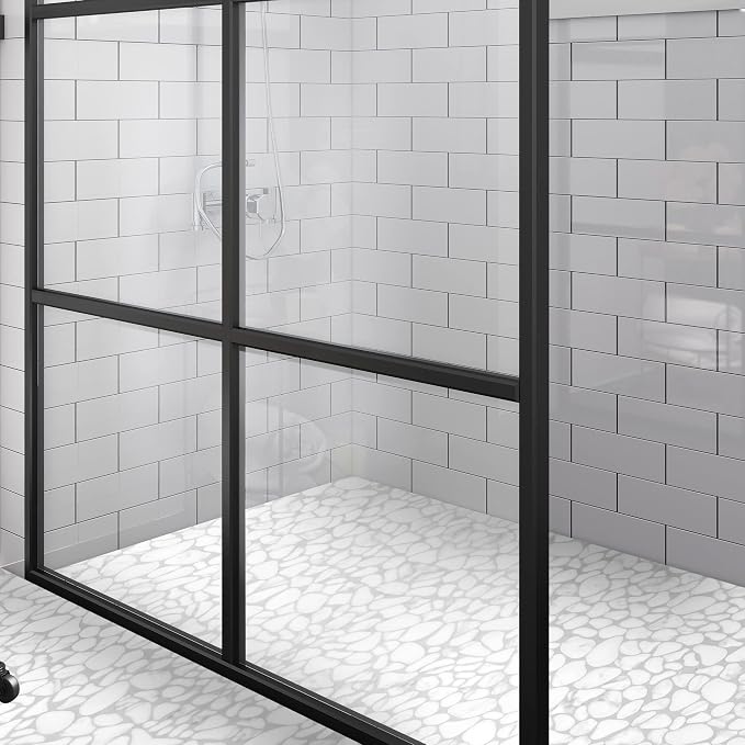 SUNWINGS 10-Sheet Pebble Tile for Shower Floor Border Kitchen Bathroom Backsplash, Carrara White Recycled Glass Marble Stone Looks Wall and Floor Tile, Covers 7.9 Sq. Ft
