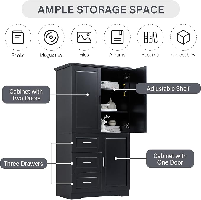 Merax 62.2" Pantry Cabinet with Three Doors & Three Drawers, Adjustable Shelves Storage Cupboard for Kitchen/Dining Room/Bathroom, Black