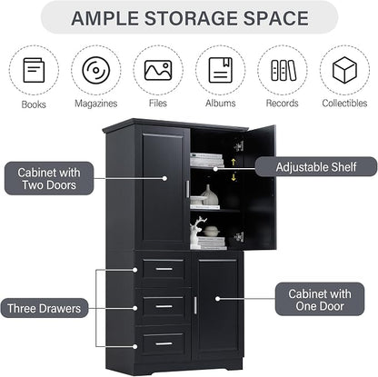 Merax 62.2" Pantry Cabinet with Three Doors & Three Drawers, Adjustable Shelves Storage Cupboard for Kitchen/Dining Room/Bathroom, Black