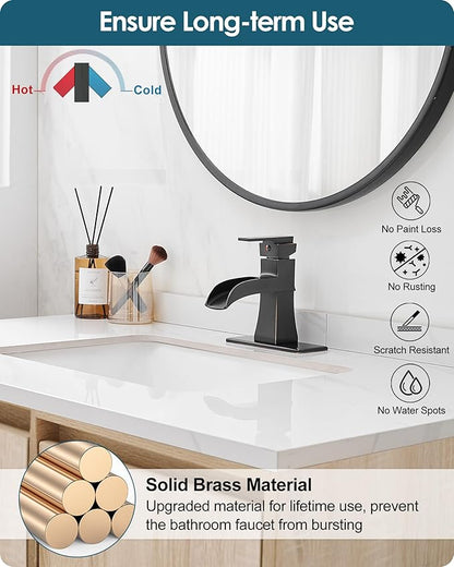 Bronze Bathroom Faucet 1 Hole or 3 Hole (4 Inch), Brass Waterfall Bathroom Faucets Single Handle, Farmhouse Faucet for Bathroom Sink with Deck Plate & Water Hoses, Not Equipped Pop-up Drain
