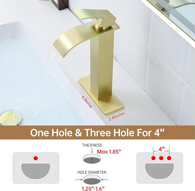 Fransiton Tall Vessel Sink Faucet Brushed Gold Faucet for Bathroom Sink Tall Waterfall Bathroom Faucet Single Handle 1 or 3 Hole Wash with Pop-up Drain