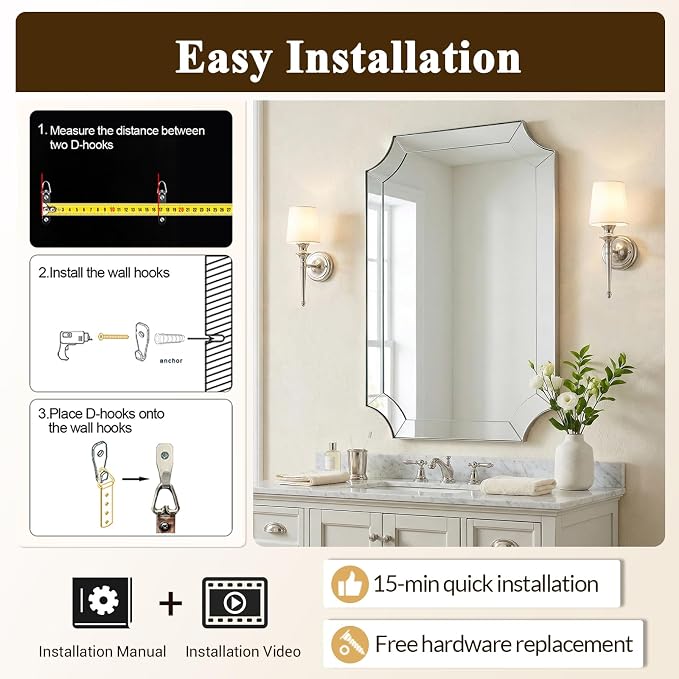 Brushed Nickel Mirror, 24x40 Inch Scalloped Bathroom Mirror, Modern Rectangle Mirror with Unique Notched Design, Ideal for Home Decor, Rust-Proof Stainless Steel 1" Frame