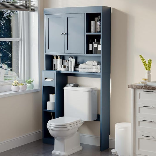 Over The Toilet Storage Cabinet with 7 Shelves, Imitation Walnut Grain Above Toilet Bathroom Organizer with Toilet Paper Holder Stand, Space Saver for Restroom, Laundry, Bathroom (Navy Blue)