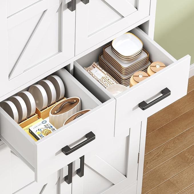 TEENFON Pantry Cabinet with 2 Drawers, Kitchen Storage Cabinet with 4 Door Shelves, Kitchen Pantry for Living Room, Dining Room, Bathroom, White