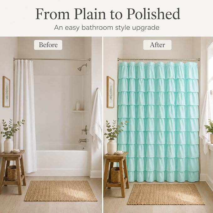 Teal Ruffle Shower Curtain, Elegant Boho Bathroom Decor, Extra Long Textured Fabric, Rustic Farmhouse Style, Chic Girly Aqua Curtains, Privacy & Decorative Design, 72 x 72 inch