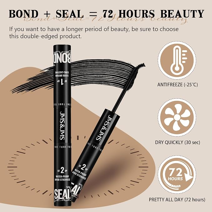 JMS&JMS Lash Bond and Seal Waterproof Lash Cluster Glue, 5ml+5ml Set | 2in1 Glue and Seal Double Hold Power! Latex-Free for Sensitive Eyes, Waterproof to All Day. Black Glue Easy to Apply