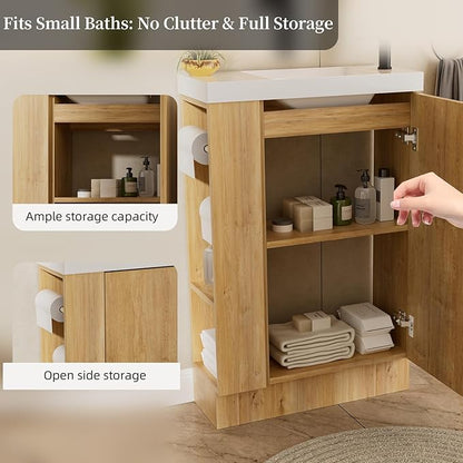 20" Small Bathroom Vanity with Sink Narrow Depth Bathroom Vanities,Wood Vanity Cabinet,Soft Closing Door,Adjustable Shelves,Modern Wall Decor,Oak