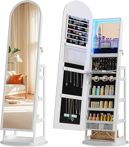 HWB Arched LED Jewelry Cabinet with Full-Length Mirror & Storage Shelves