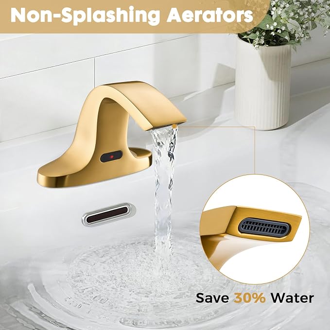 Touchless Bathroom Sink Faucet, Automatic Sensor Faucet for 3 Hole, Waterfall Spout, Brass, Gold Finish