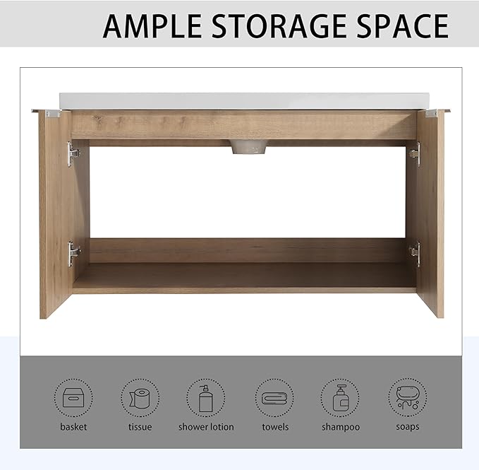 84" Floating Double Sink Bathroom Vanity Brown Wall Mount Bathroom Vanity Cabinet with Sink Combo, 84-Inch Bathroom Vanities Set with Open Storage Shelf & 2 Side Cabinet & 2 36in Bathroom Vanities