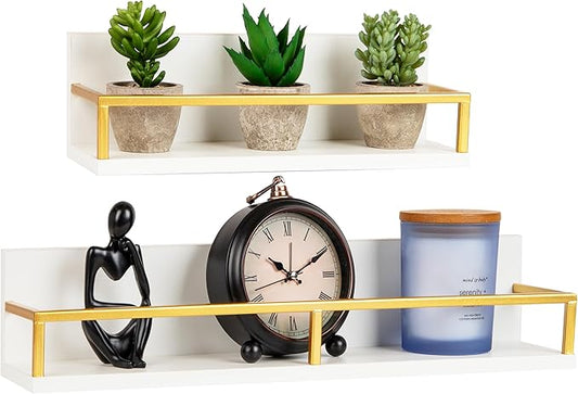 Mind Reader Floating Shelves, Wall-Mounted Office Organizers, Modern MDF Display Storage with Metal Rail, Metal. MDF, Set of 2, White