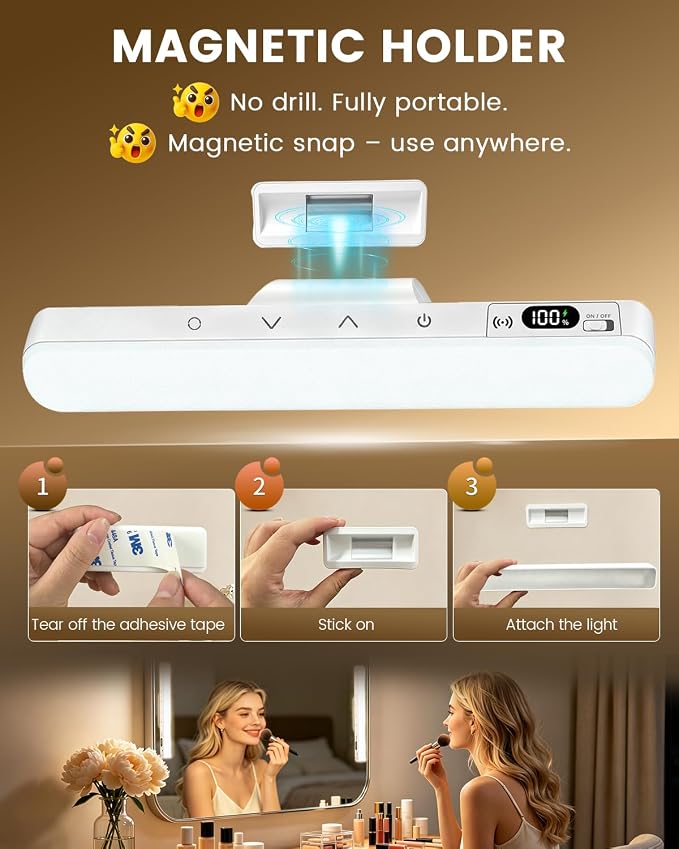 Wireless Vanity Lights for Mirror, Rechargeable Makeup Light Bar | 6W Magnetic Vanity Mirror Lights Stick On, 5 Color Temperatures & Dimmable, Remote & Touch Control, 2 Pack