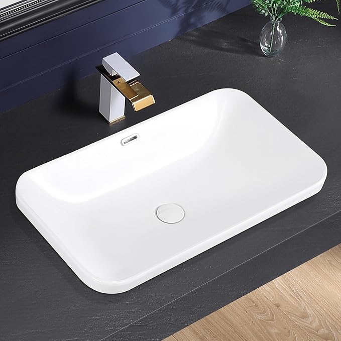 Vessel Sink 27"x16" Semi Recessed Bathroom Sink Drop-in White Bathroom Sink Porcelain Ceramic Modern Rectangular Sinks Drop-in Vanity Sinks with Overflow for Bathrooms