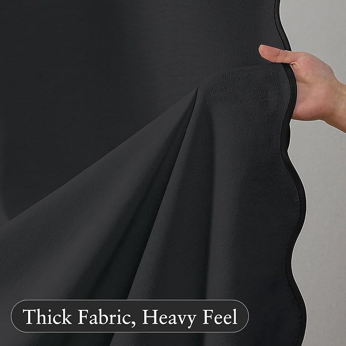 Linen Scallop Shower Curtain with 12 Clear Hooks, Waterproof, 72x72, Black | Waterproof Heavy Duty Thick Fabric with Black Border, Minimalist Neutral Boho Farmhouse Bathroom Décor