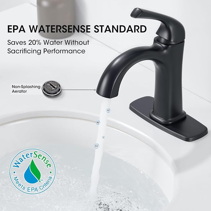 Bathroom Faucet 1 Hole, Faucet for Bathroom Sink, Matte Black Faucets for Vanity One Hole Bathroom Faucet, with Pop Up Drain&Deckplate Farmhouse