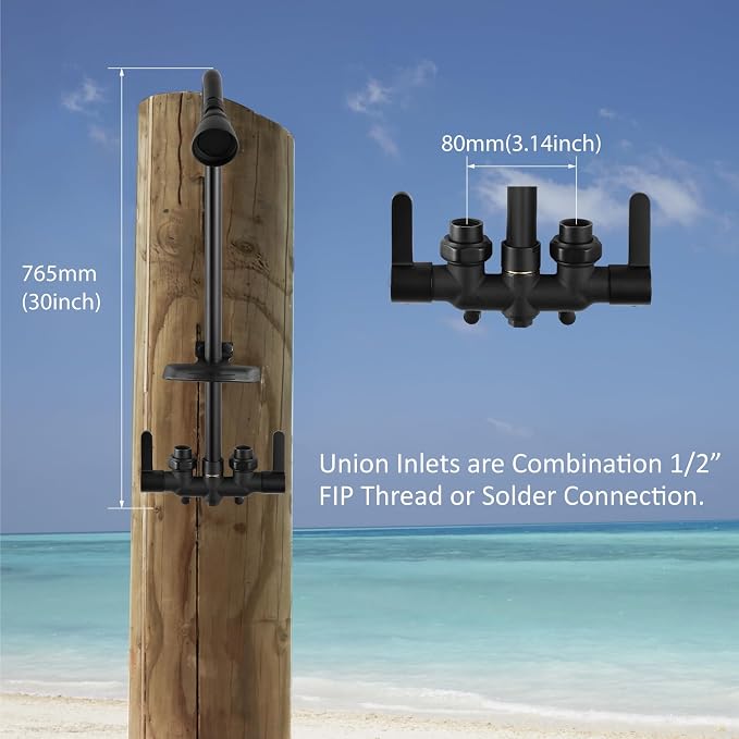 Aolemi Outdoor Shower Kit, Upward-Facing Inlets, Matte Black | 3-Inch Center Hot And Cold Mixer Valve, Dual Handles, with Soap Dish For Convenient Outdoor Shower Use