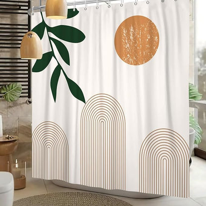 Boho Mid Century Shower Curtain Abstact Arch Sun Leaves Modern Minimalist Geometric Plant Aesthetic Shower Curtains Polyester Fabric Bathroom Decoration Curtain with Hooks 48x72 inch