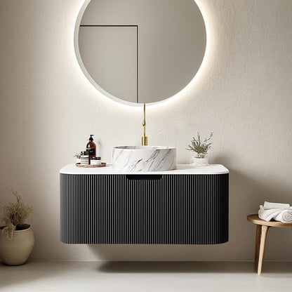 36" Floating Bathroom Vanity with Sink, Natural Solid Wood Modern Bathroom Vanities with Ultra-Thin Marble Ceramic Basin and Top, Soft-Close Design, Pre-Assembled, Gloss Black