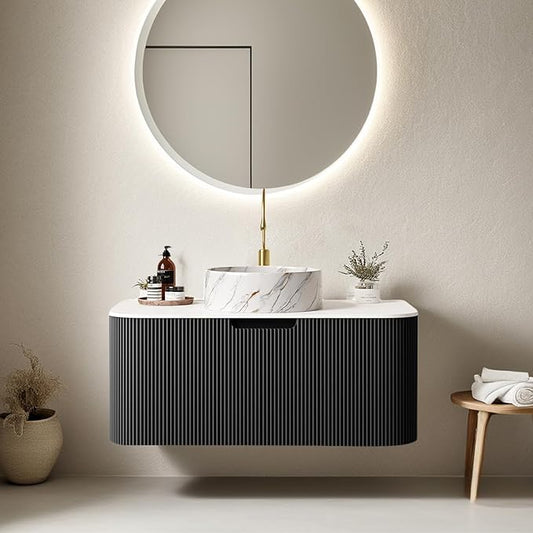 36" Floating Bathroom Vanity with Sink, Natural Solid Wood Modern Bathroom Vanities with Ultra-Thin Marble Ceramic Basin and Top, Soft-Close Design, Pre-Assembled, Gloss Black