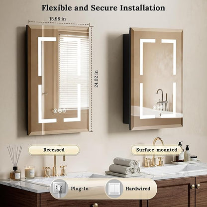 16"X24" Bathroom Medicine Cabinet with Mirror, LED Lighted Medicine Cabinet with Anti-Fog, 3 Colors Temperature Stepless Dimmable, Metal Cabinet for Storage and Mordern Decor, Black