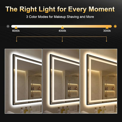 LED Bathroom Mirror with Light, 30x55 Vanity Mirror for Wall with Frame | Anti-Fog, Dimmable 3 Colors, Memory Function, Backlit and Front Lit, Shatter-Proof Glass, Plug-in/Hardwired