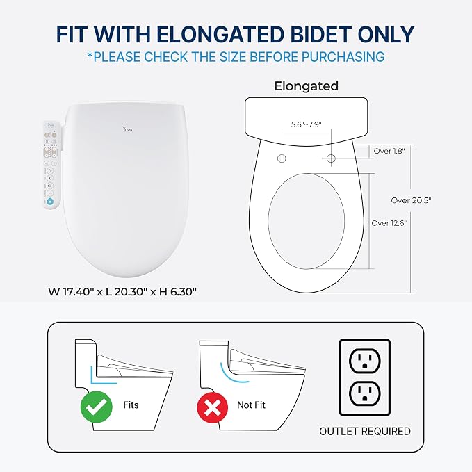 Inus N22 Electric Heated Bidet Toilet Seat Elongated, Warm Water, Smart Heated Water Luxury Bidet Toilet Seat with Kids Mode, Air Dryer, Self Cleaning, Tankless, Smart Touch Panel & Temp Control