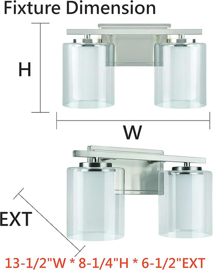 Aspen Creative 62102A, Two-Light Metal Bathroom Vanity Wall Light Fixture, 13 1/2" Wide, Transitional Design in Satin Nickel with Clear Glass Shade