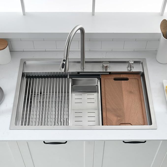 33 Inch Waterfall Drop In Kitchen Sink with Faucet Combo Workstation - VOKIM 33x22-Inch Drop In Sink Stainless Steel 16 Gauge Single Bowl Kitchen Sinks with Cutting Board