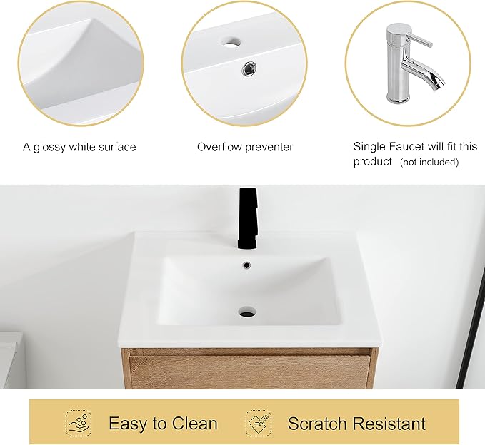 Malwee 24" Floating Bathroom Vanity with Sink, 24 Inch Single Sink Wall Mounted Bathroom Vanity Combo, with 2 Drawers and White Ceramic Basin Top, Bath Wall-Hung Cabinet Set with Storage MA05124IMO-2