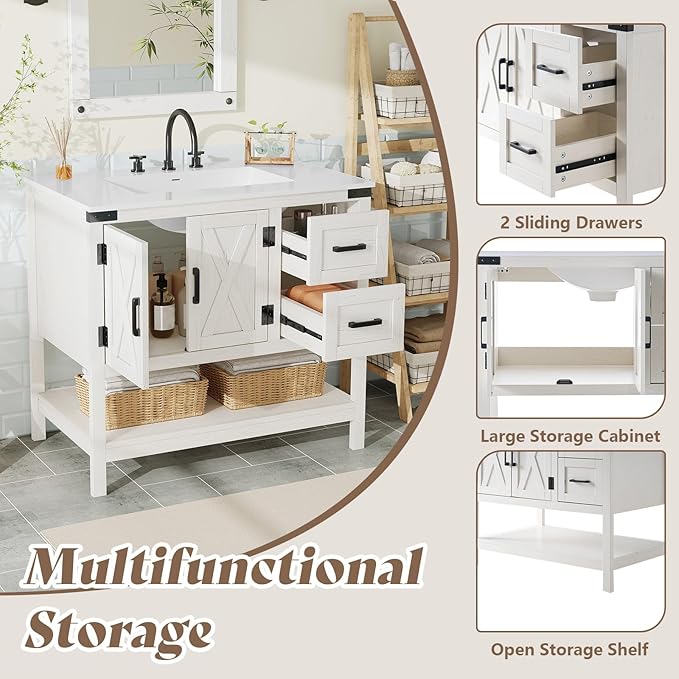 AMERLIFE 36" Farmhouse Bathroom Vanity with Sink Combo, Wood Barn Door Freestanding Small Single Bath Storage Cabinet Set with Sliding Drawers & Open Shelf, Paper Towel Holder, Antique White
